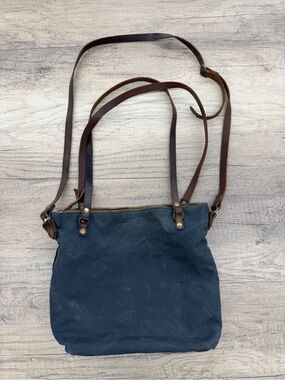 In Blue Leather-Trim Canvas‎ Tote — Tan & Brown